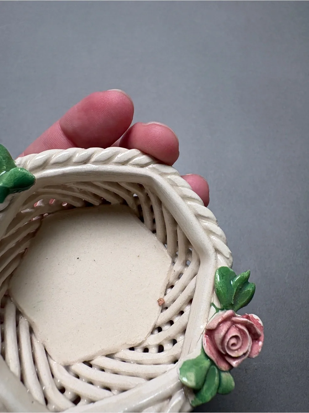 Cottagecore Handmade Italy Ceramic Rose Basket Pair Ring Dish Trinket Dish